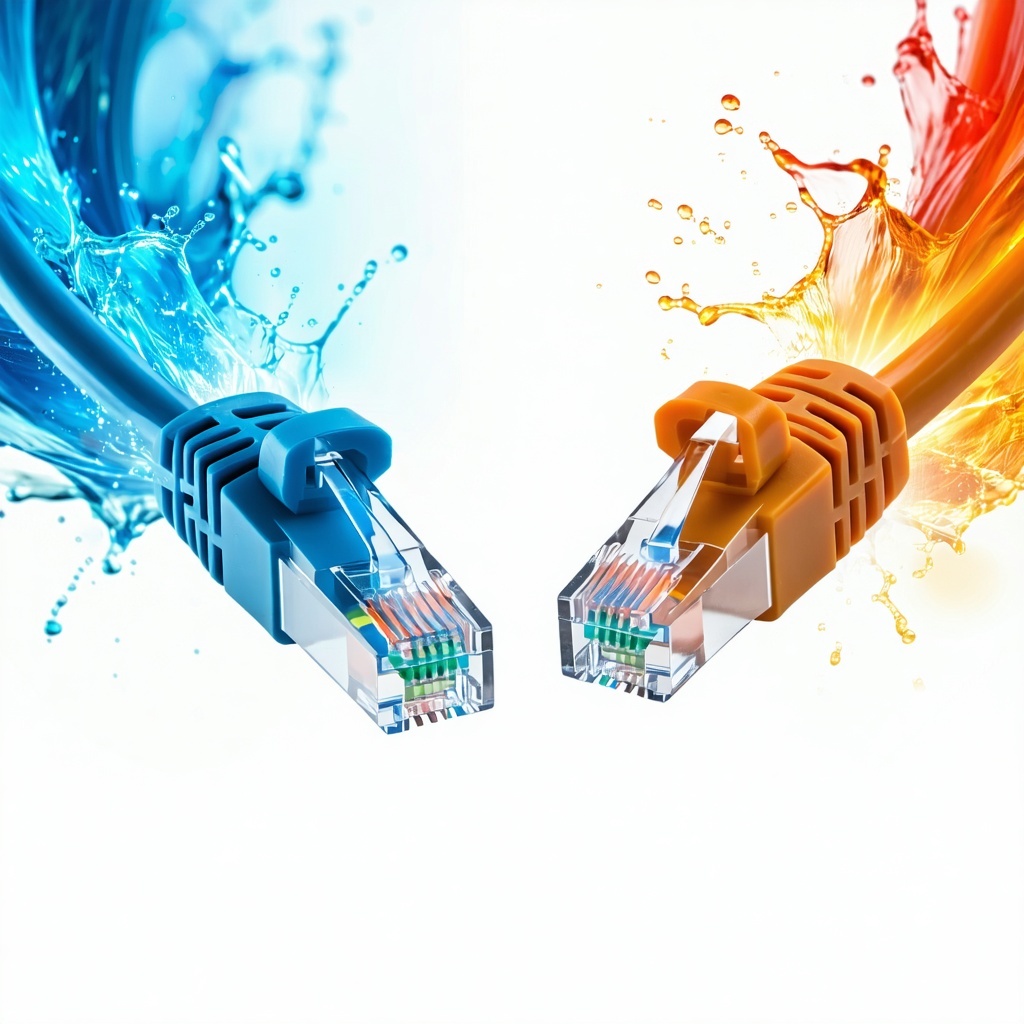 Create a compelling product shot of a Cat5e cable showcasing its sleek and modern design against a crisp transparent background The cable should be prominently displayed to emphasize its highperformance capabilities and durability Surrounding the cab