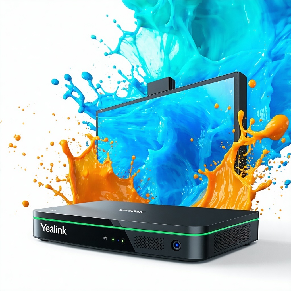 Create a visually striking video conferencing product shot featuring Yealinks latest technology The backdrop should be transparent to emphasize the product allowing it to stand out prominently To enhance the visual interest incorporate dynamic color-3