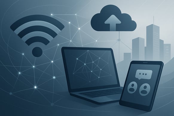 Design a sophisticated and polished visual that effectively highlights various business connectivity solutions such as highspeed internet cloud services and collaborative tools The image should incorporate sleek graphics and modern elements possibly-2