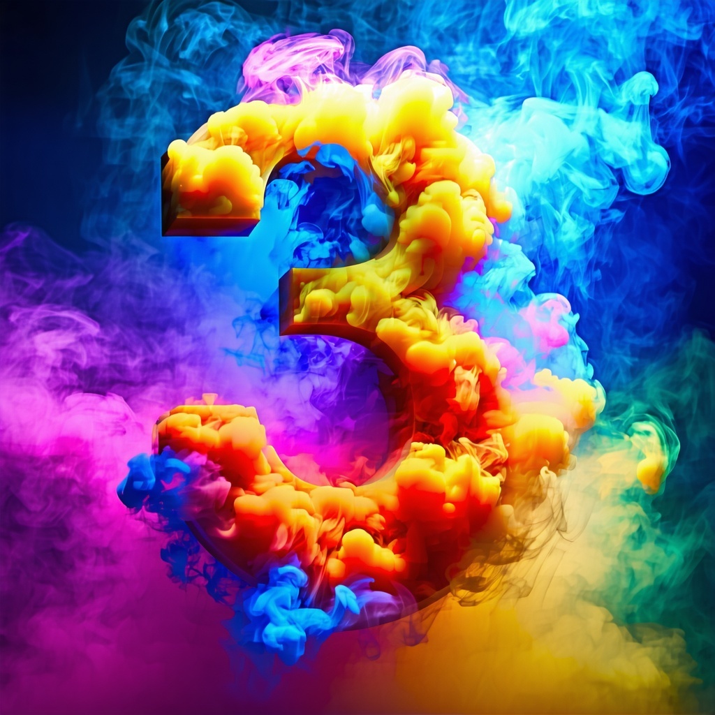 Design an image featuring a bold prominent number 3 at the center rendered in a striking font that catches the eye Surround this number with swirling vibrant clouds of colorful smoke incorporating a spectrum of hues like electric blue fiery red and s-1
