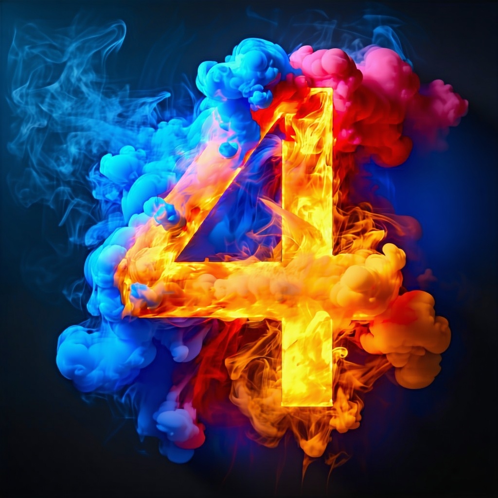 Design an image featuring a bold prominent number 4 at the center rendered in a striking font that catches the eye Surround this number with swirling vibrant clouds of colorful smoke incorporating a spectrum of hues like electric blue fiery red and s-2
