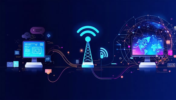 I am seeking a captivating and visually arresting header image for a solutions page that powerfully represents the seamless interconnectedness of VoIP WiFi and IT services The design should feature a rich and harmonious color palette that reflects th-1