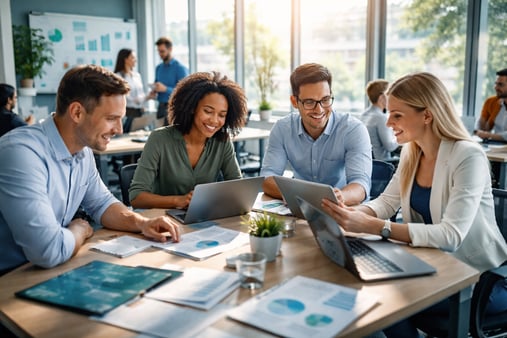 In a bustling office filled with diverse employees a team of dedicated professionals collaborates over sleek modern desks adorned with hightech device