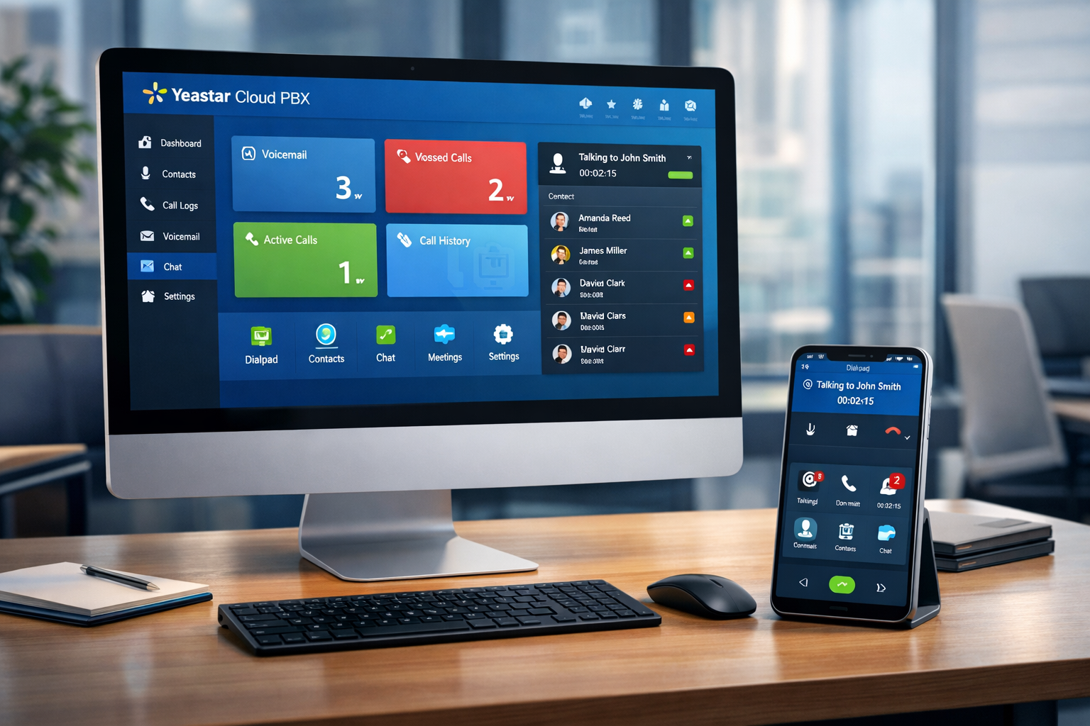 In a modern office environment a sleek desktop computer displays a vibrant Yeastar Cloud PBX interface while a smartphone rests nearby showcasing the In a modern office environment a sleek desktop computer displays a vibrant Yeastar Cloud PBX interface while a smartphone rests nearby showcasing the