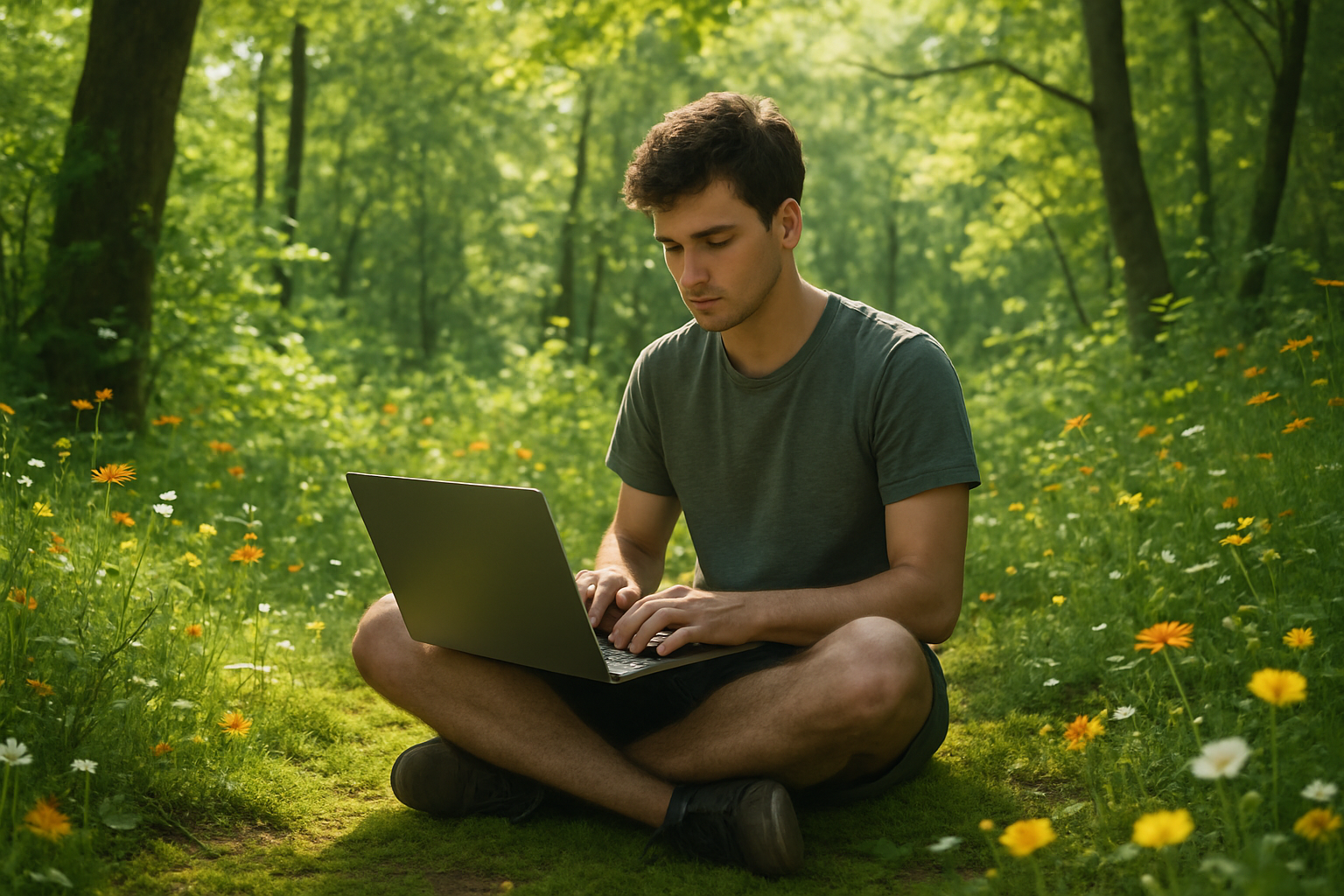 Picture a young man sitting crosslegged on a patch of soft moss in the heart of a vibrant green bushland Sunlight filters through the canopy of tall trees casting dappled shadows on his focused expression as he types intently on his sleek laptop Surr