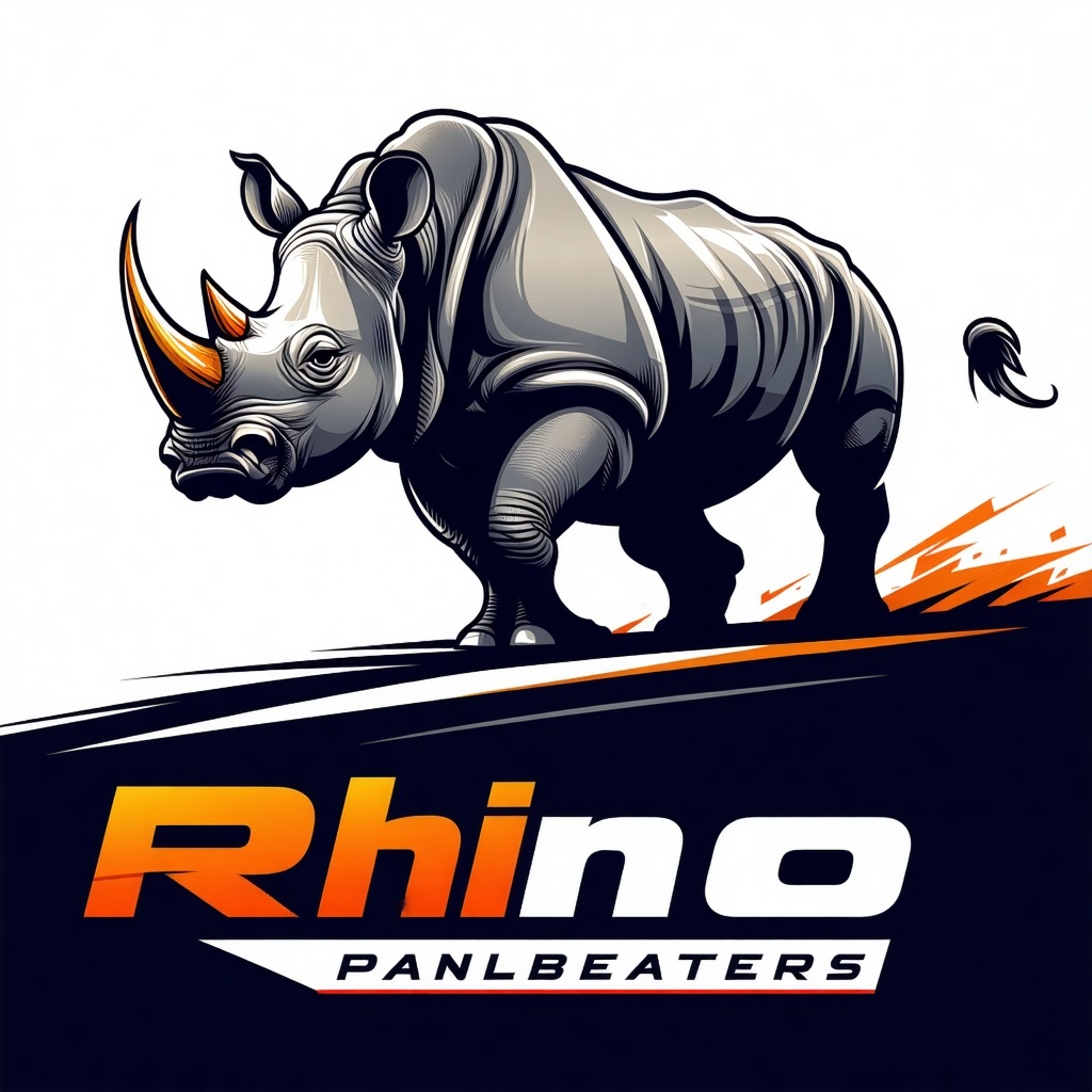 The Rhino Panelbeaters logo features a powerful and stylized image of a rhinoceros its muscular form prominently depicted as it skillfully panel beats a sleek car The rhinos strong sturdy body is in motion emphasizing strength and precision while the-2