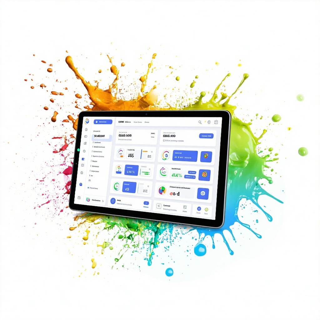 The image features a CRM setup prominently displayed against a clean white background The CRM  adorned with vibrant colors showcases various buttons and indicators that highlight its modern design Surrounding the device splashes of color might repres-3