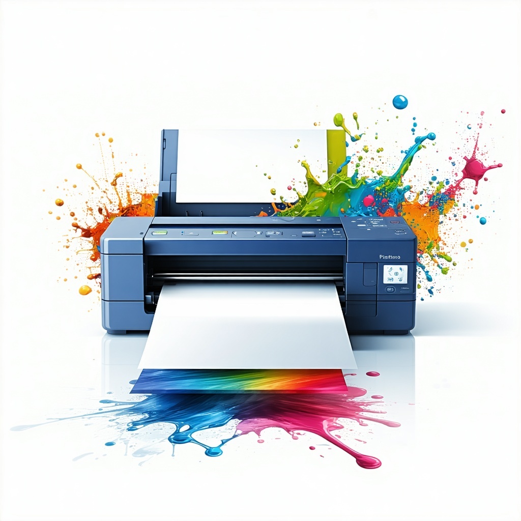 The image features a Printer setup prominently displayed against a clean white background The printer device adorned with vibrant colors showcases various buttons and indicators that highlight its modern design Surrounding the device splashes of colo-1