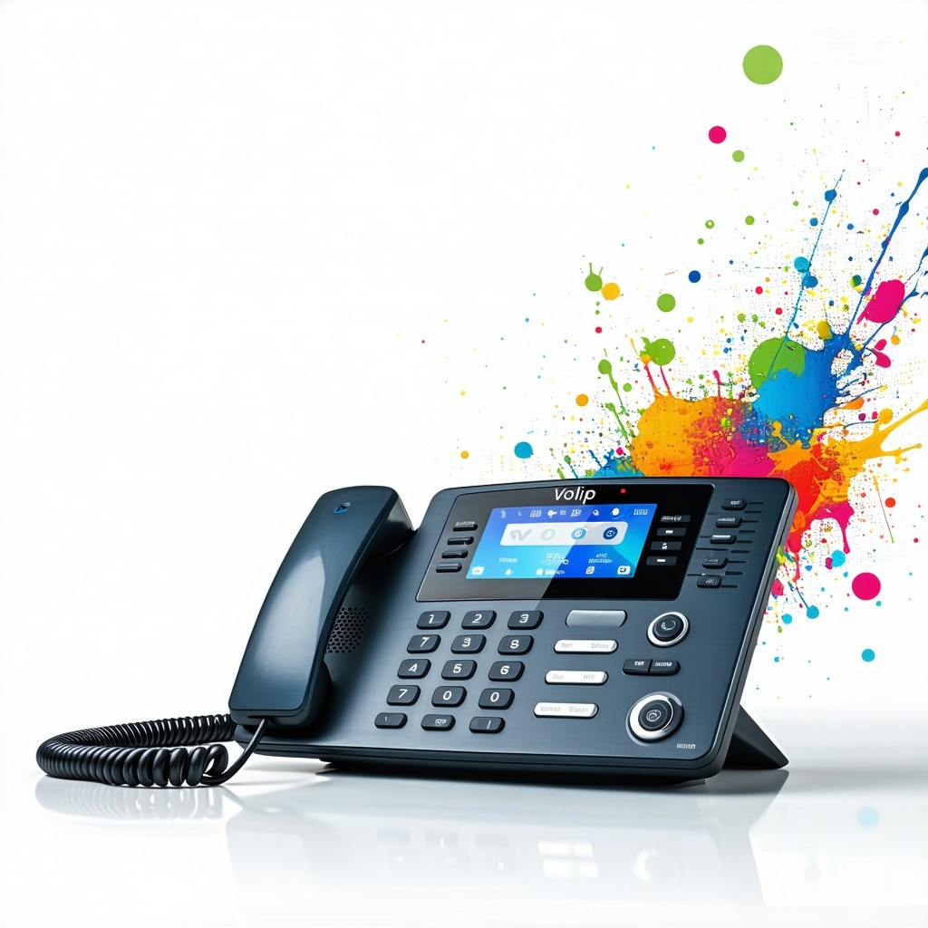 The image features a Voice over Internet Protocol VoIP setup prominently displayed against a clean white background The VoIP device adorned with vibrant colors showcases various buttons and indicators that highlight its modern design Surrounding the