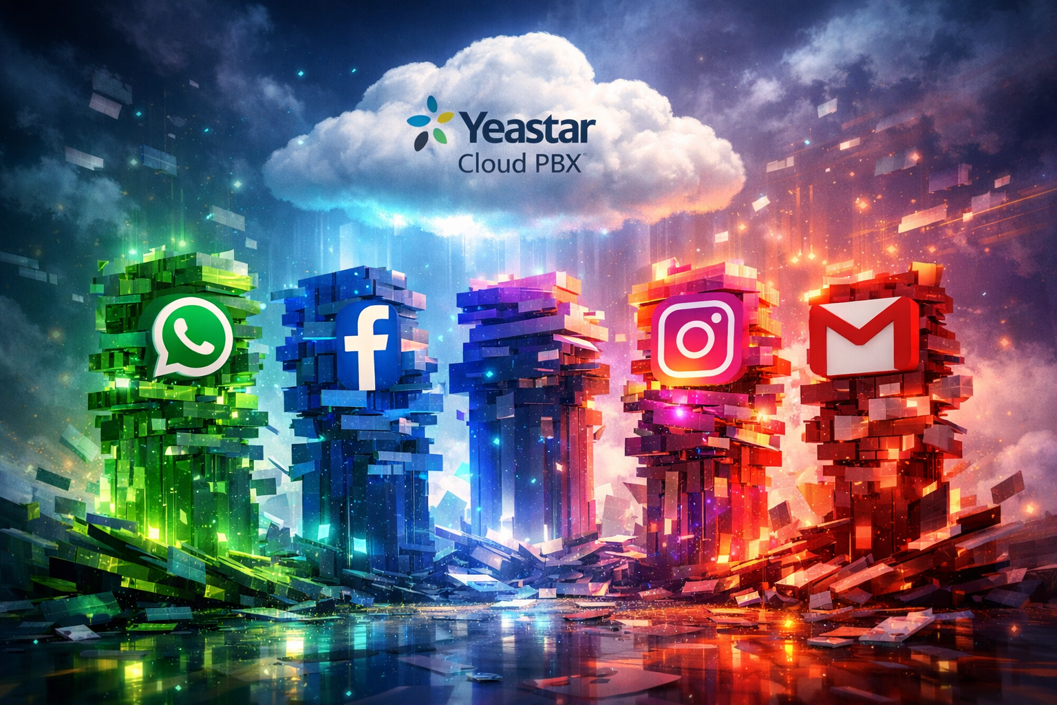 Visualize a chaotic yet intriguing arrangement of fragmented digital stacks each representing a different communication platform The WhatsApp stack gl-2