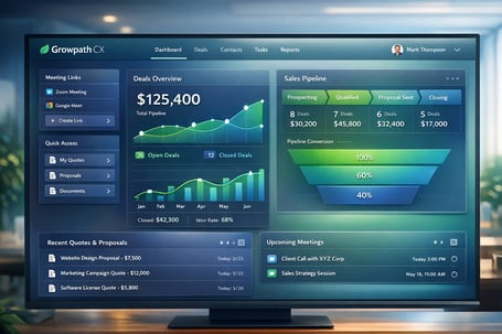 cinematic Generate a dashboard for a CRM named Growpath CX featuring a sleek modern interface The dashboard should prominently display vibrant visuali-1-1
