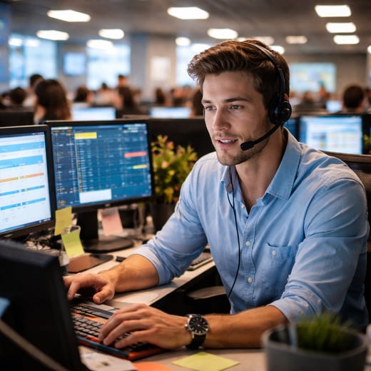 cinematic In a bustling call center a focused young man sits at his sleek modern workstation surrounded by colorful screens displaying data and call l-1