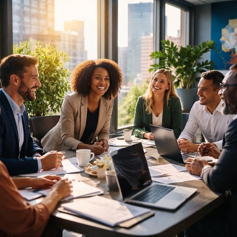 cinematic In a bustling cityscape a group of diverse professionals gather around a sleek conference table engaged in a lively discussion The sunlight-1