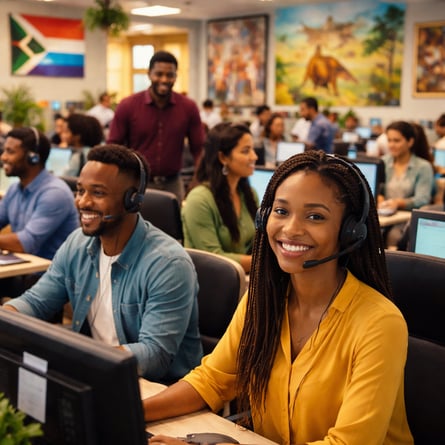 cinematic In a vibrant bustling South African call center a diverse group of professionals engages with customers embodying a blend of warmth resilien