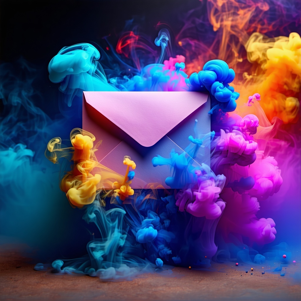 I am looking for a vibrant and visually striking image for a mailing list promotion featuring an evalope and an array of vivid colors that pop against a soft smoky background The smoky backdrop should create a sense of depth and intrigue while the co-2