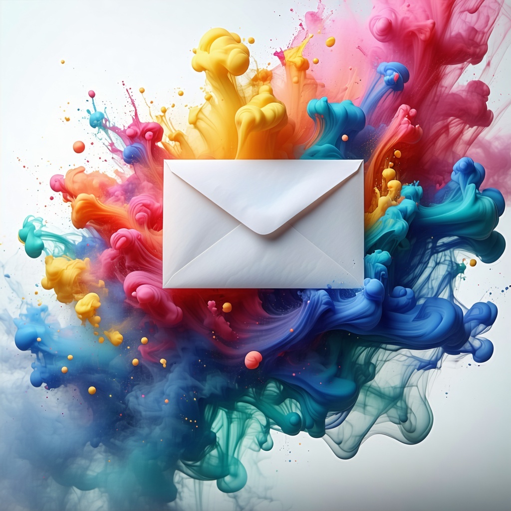 I am seeking a captivating and visually impactful image for a mailing list promotion that incorporates an envelope as the central element surrounded by a burst of vibrant colors that leap off the canvas The background should be soft and smoky providi-2
