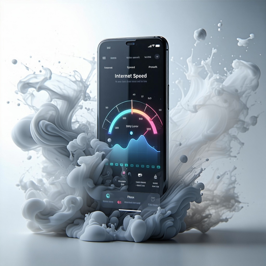 I envision a sleek smartphone its vibrant display illuminated to showcase an internet speed test in progress complete with dynamic loading graphics and realtime metrics The phone is set against an ethereal smoky backdrop where wisps of gray and soft-1