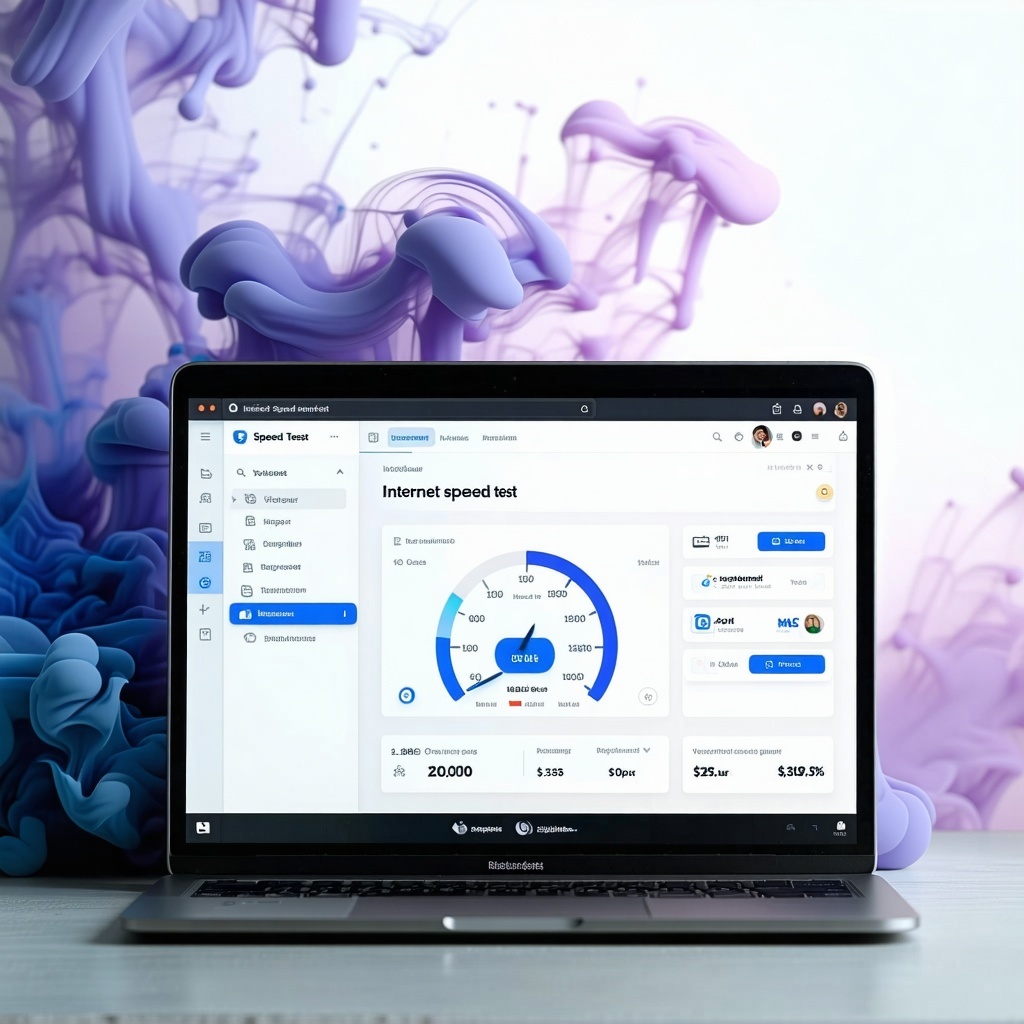 I would like to have a highquality screenshot of an internet speed test taken on a laptop showcasing its screen content clearly To enhance the visual appeal I envision a soft smoky background that subtly frames the laptop creating a stylish contrast
