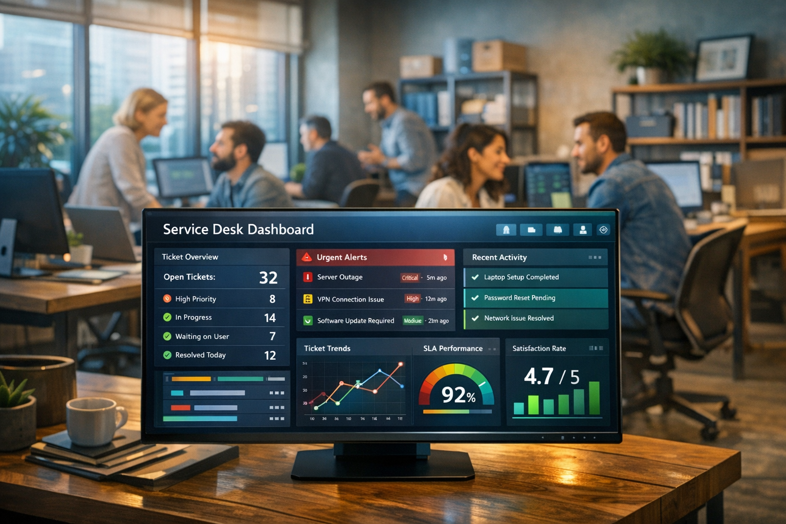 Imagine a bustling office environment filled with focused employees collaborating around sleek modern desks In the foreground a digital dashboard glow-1