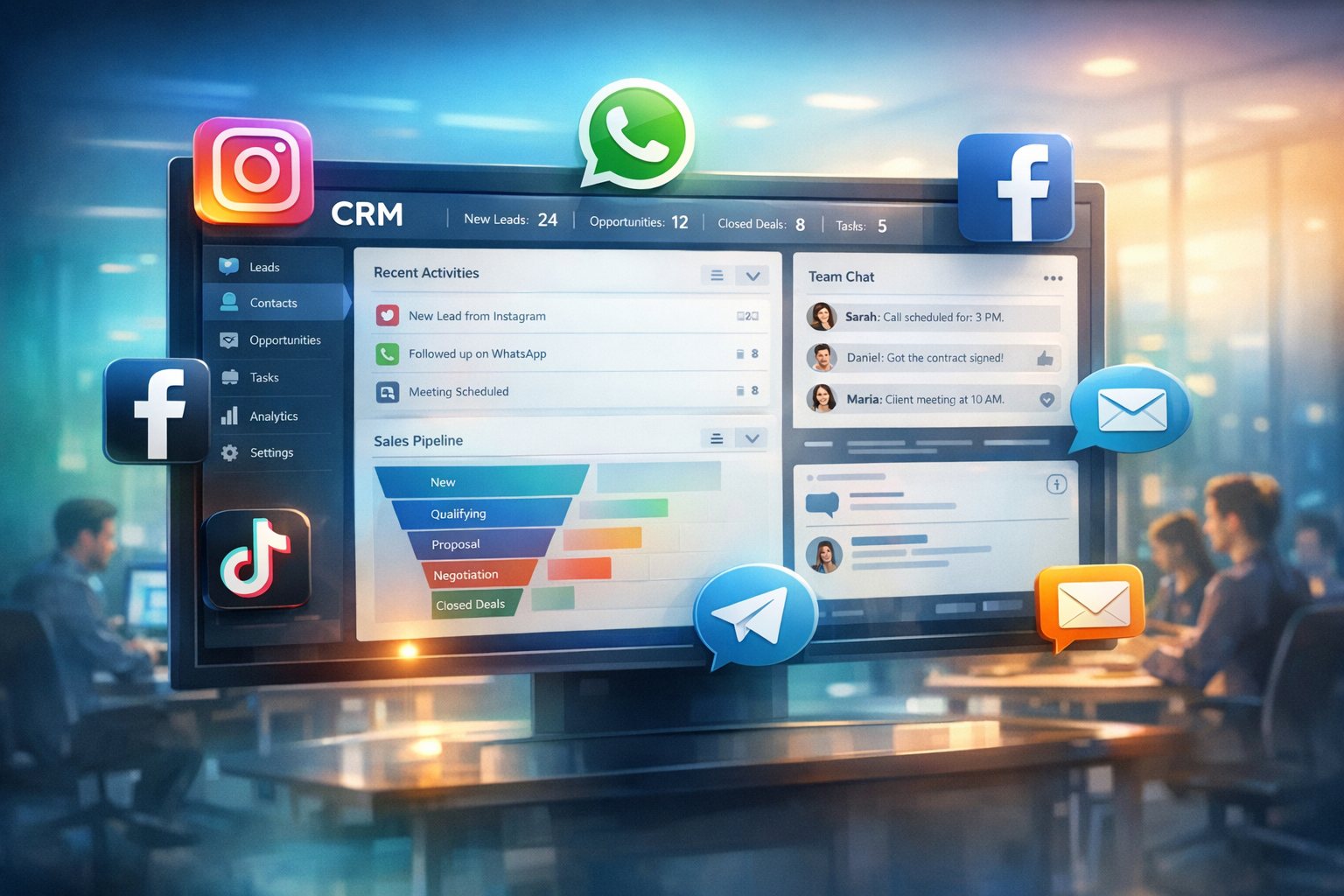 Imagine a sleek modern interface of a CRM software displayed on a digital screen seamlessly integrating vibrant icons of Instagram WhatsApp Facebook T