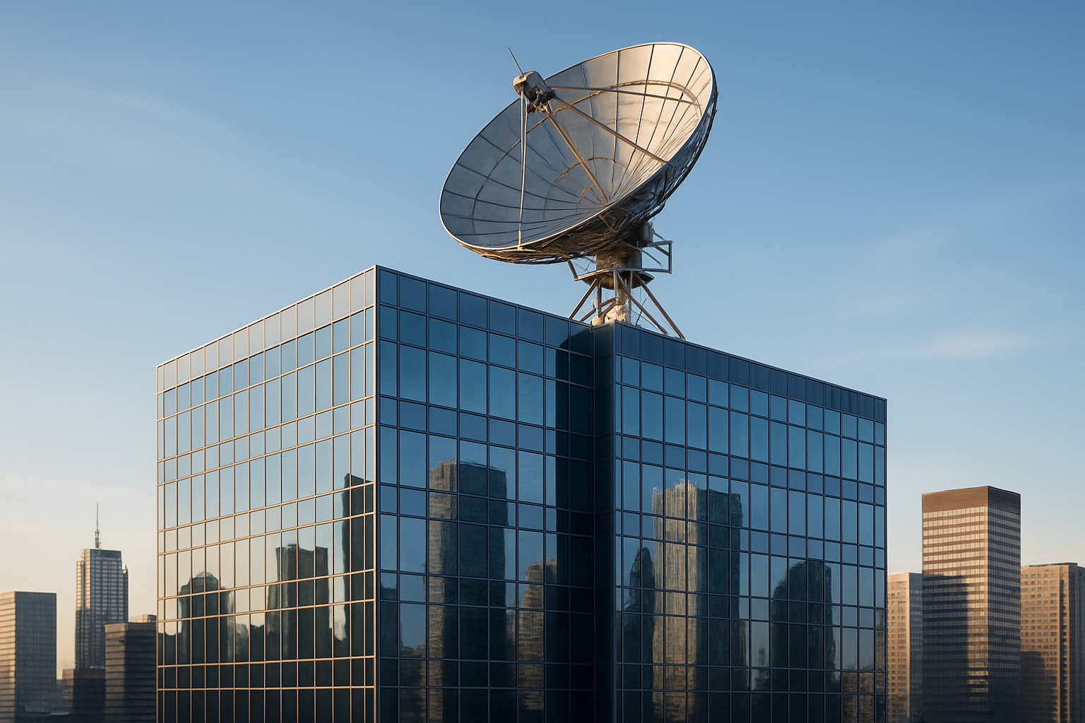 The image features a modern corporate building with sleek glass facades that reflect the surrounding skyline prominently showcasing a large satellite dish mounted on the roof The dish with its shiny metallic surface and intricate network of cables sy-1