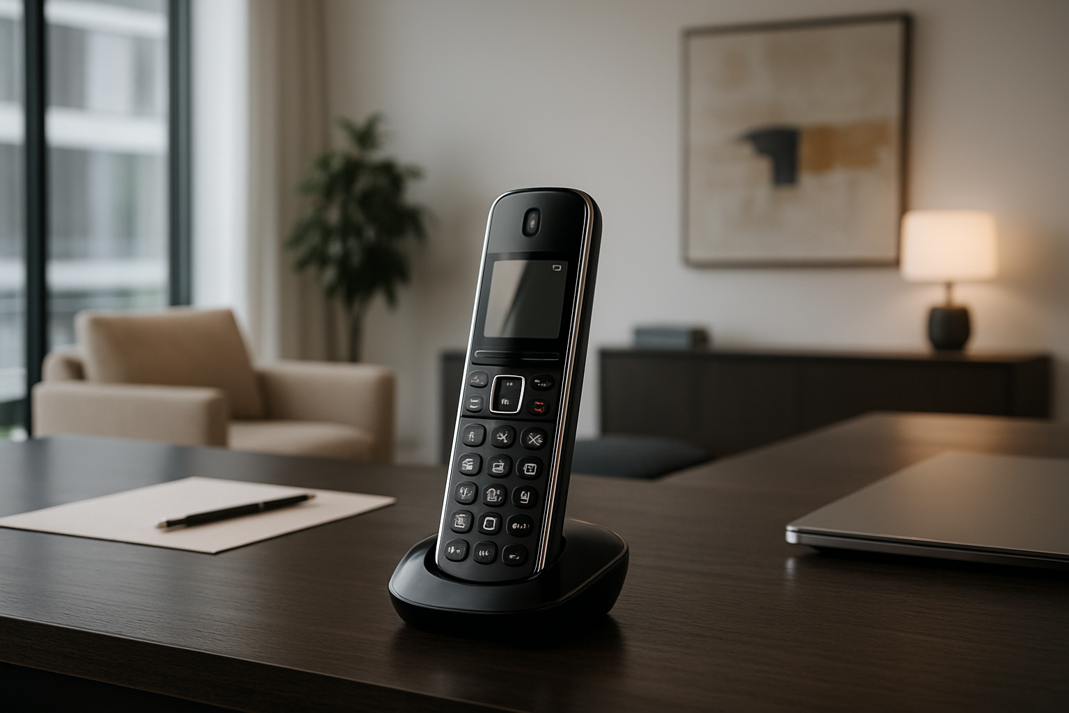 The office space exudes sophistication characterized by sleek modern furnishings and an airy layout that promotes both comfort and productivity At the heart of this elegant environment is a stylish cordless handset its polished surface reflecting the-1