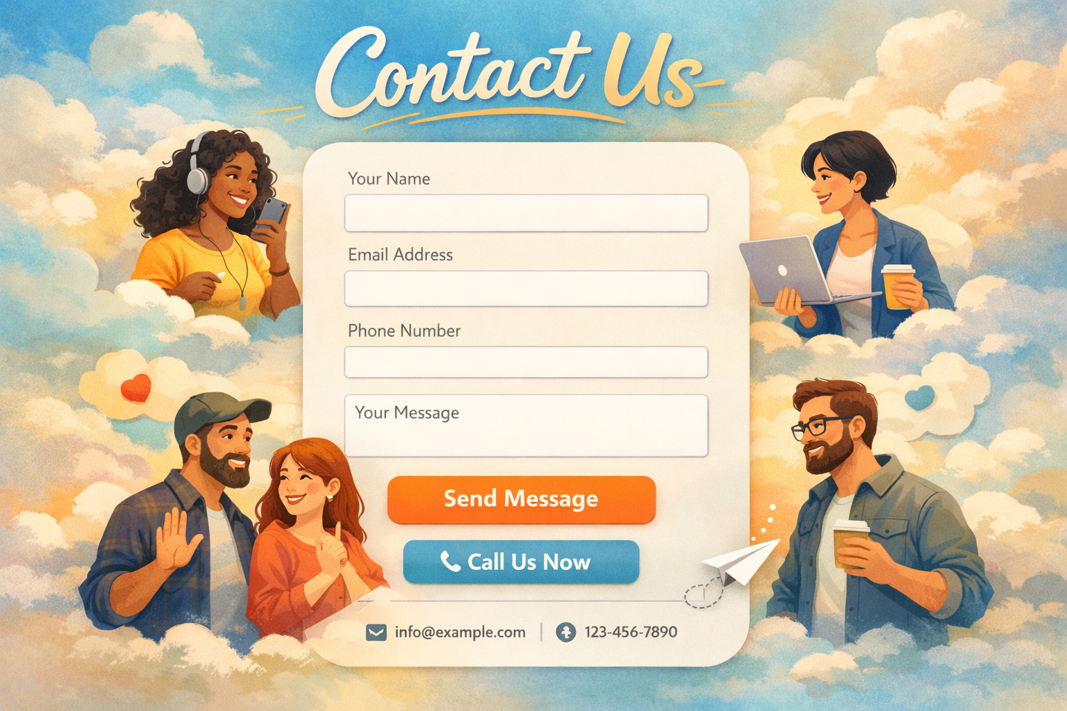 cinematic Imagine a visually striking Contact Us page set against a backdrop of soft inviting colors like pastel blues and warm yellows The page featu-1