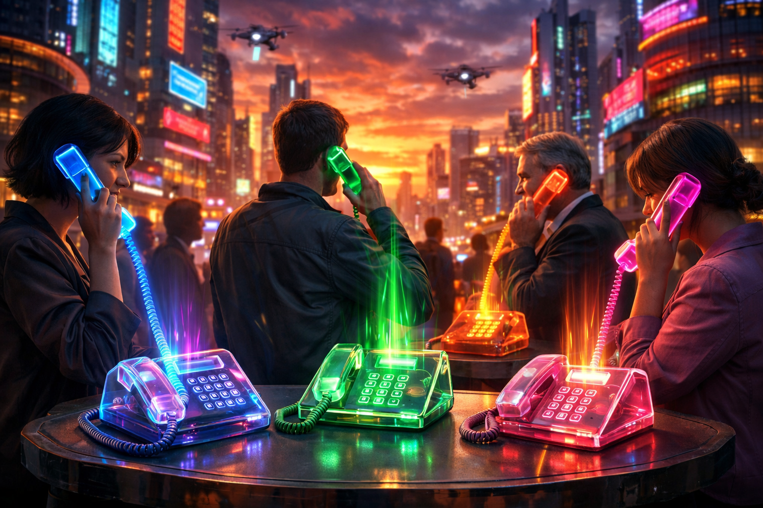 cinematic In a bustling futuristic city people communicate through holographic devices emitting colorful beams of light Towering skyscrapers are adorn-1