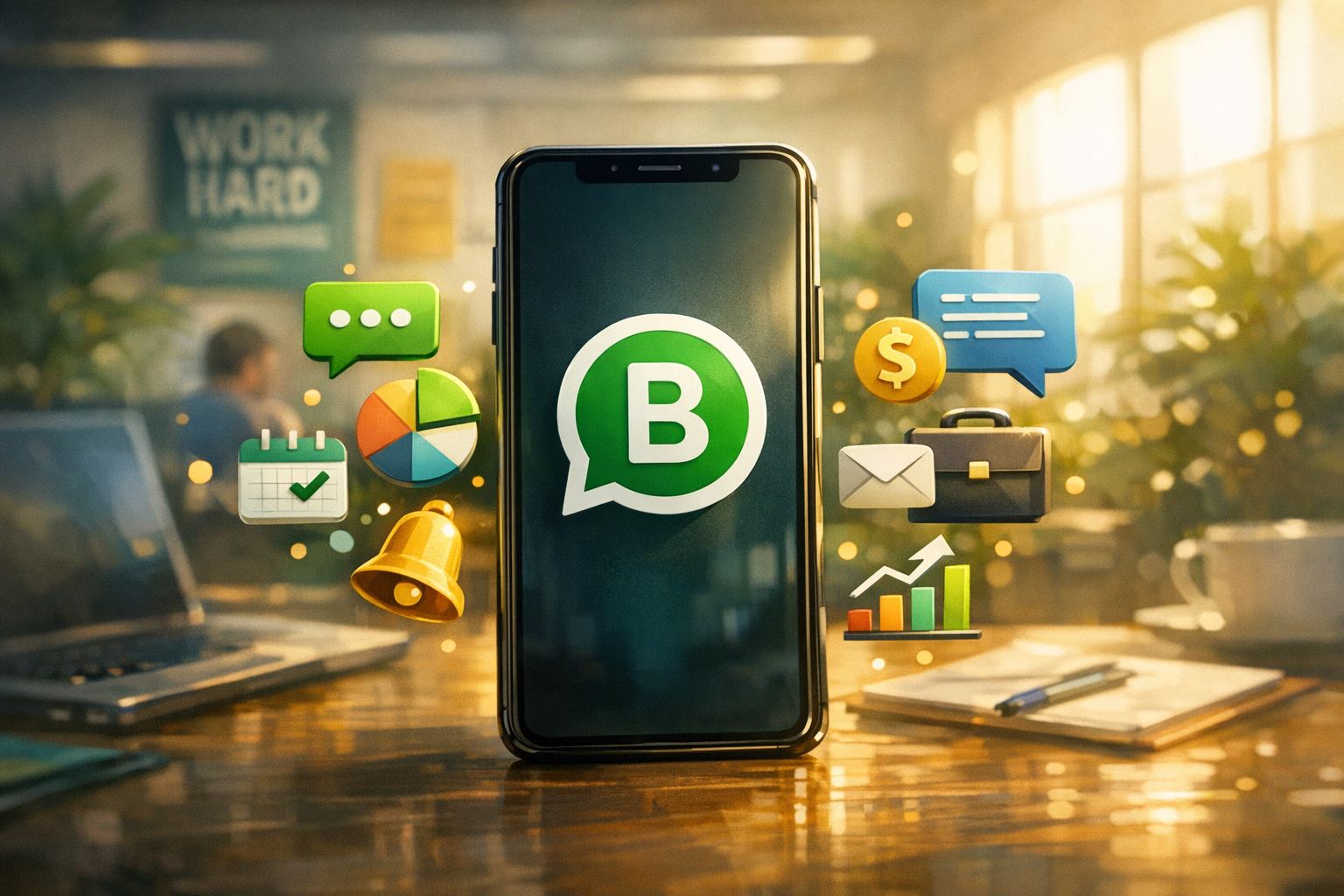 cinematic In a bustling modern office a smartphone prominently displays the WhatsApp Business logo amidst a flurry of colorful chat bubbles and busine