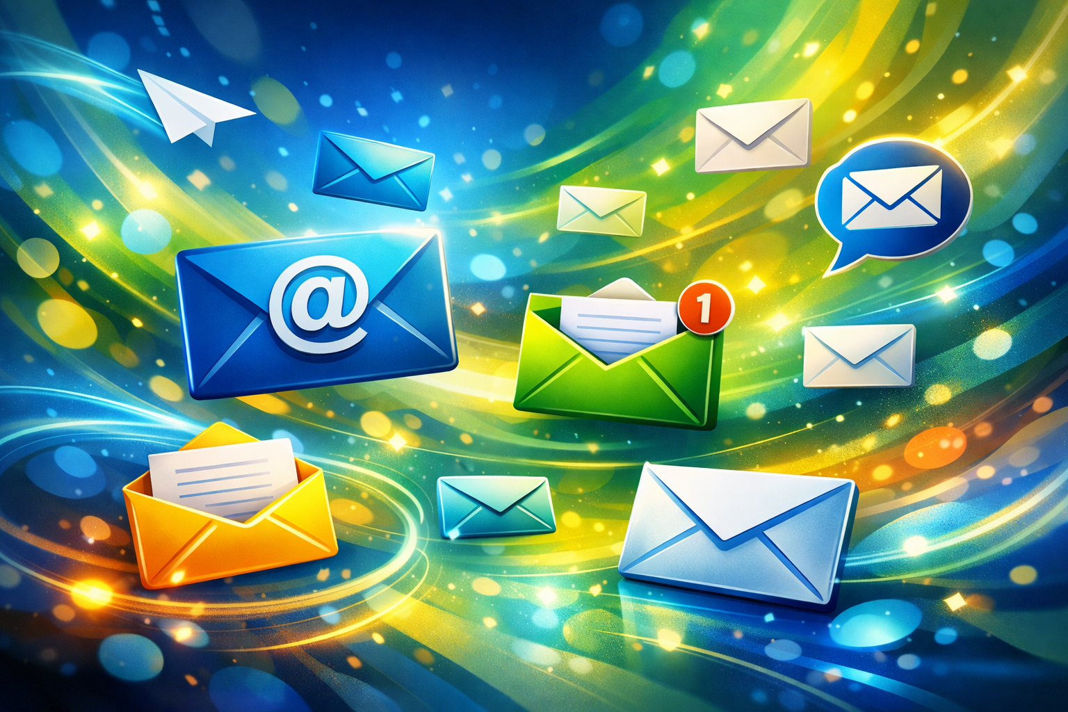 cinematic In a lively digital landscape bursting with vibrant colors a harmonious array of email icons floats gracefully amidst a backdrop of abstract-1