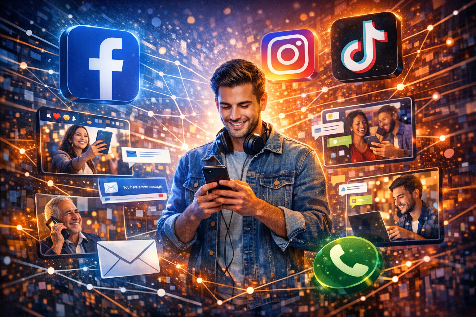 cinematic The image showcases a vibrant digital landscape filled with icons representing various communication channels Facebook Instagram TikTok Emai